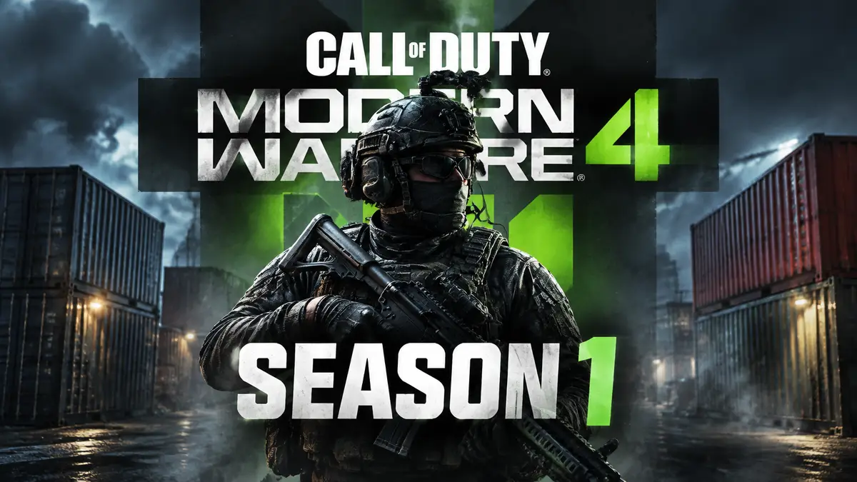 Солдат в тактическом снаряжении на фоне логотипа Call of Duty: Modern Warfare 4 и надписи Season 1