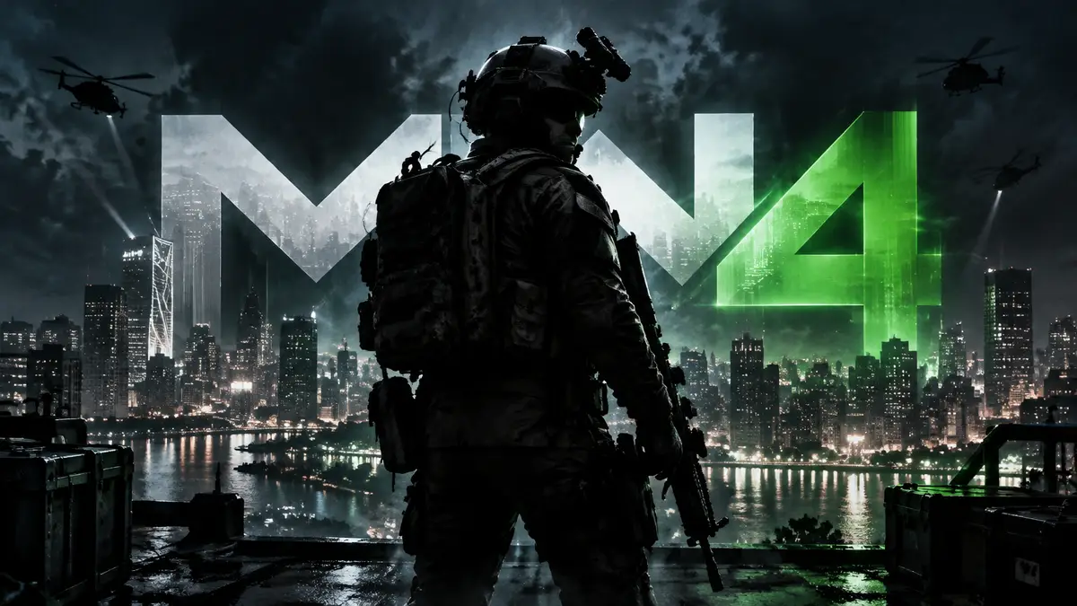 Солдат в тактическом снаряжении на фоне ночного города и логотипа Call of Duty: Modern Warfare 4