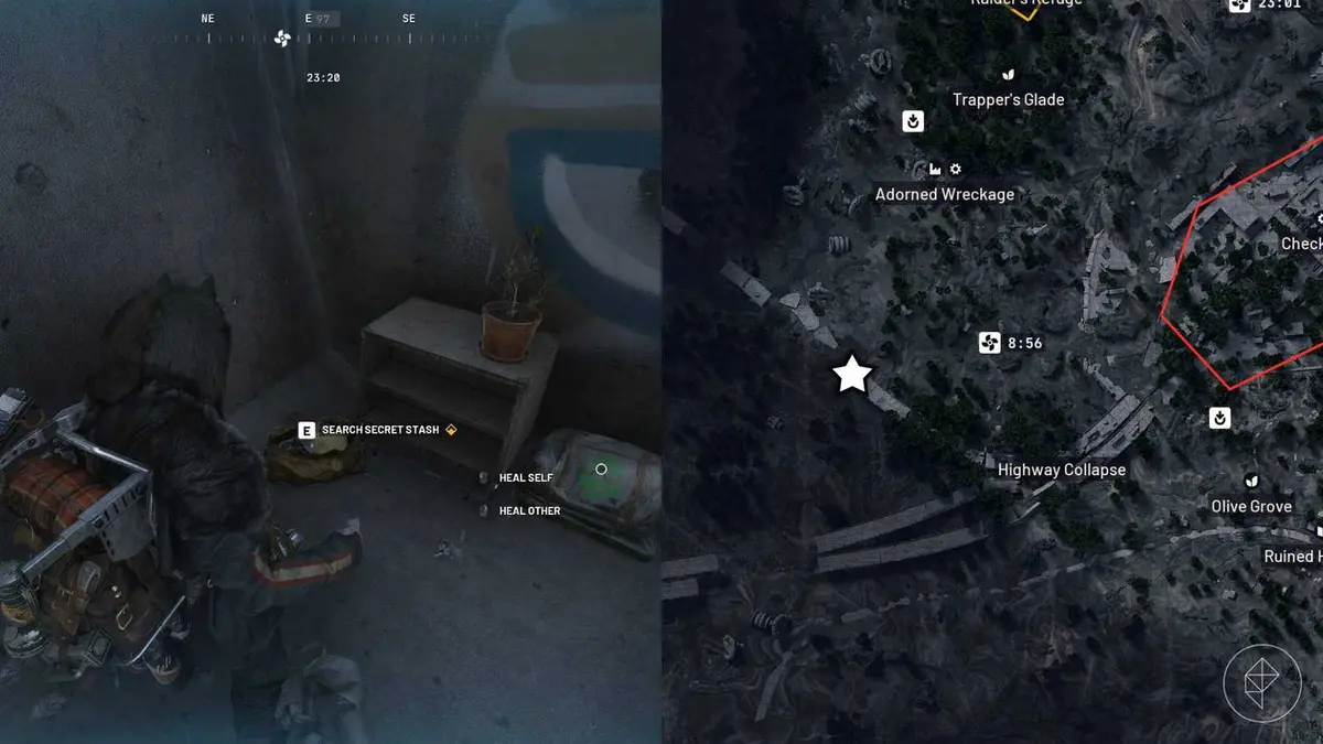The left-hand side of the image shows the player in Arc Raiders standing in front of the objective for the "A Path Not Yours" quest while the right-hand side of the image shows the location marked on
