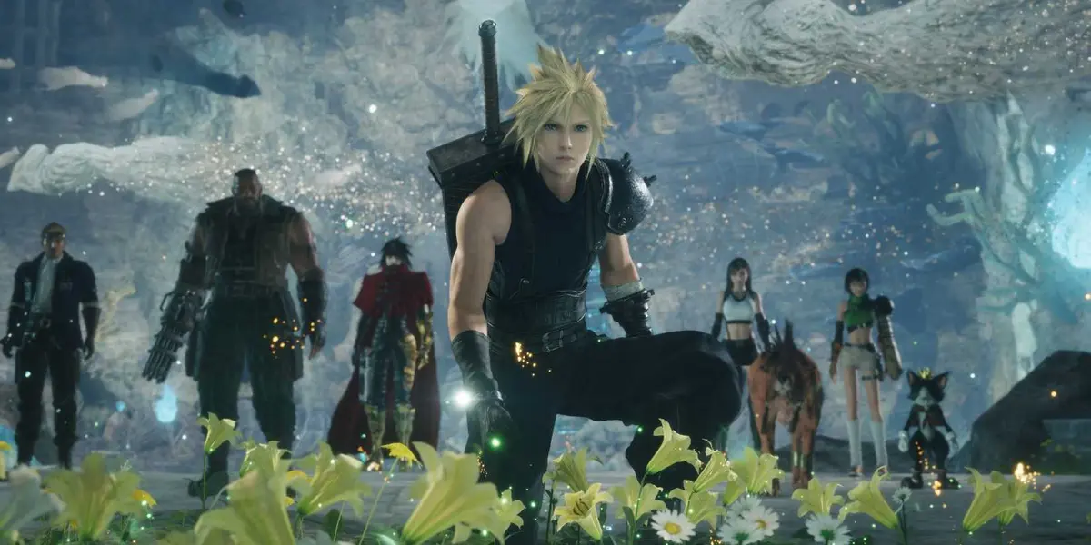 Final Fantasy 7 revelation cast standing before a field of lilies