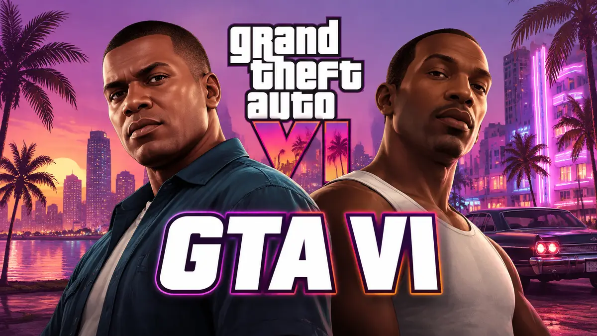 Франклин из GTA V и CJ из San Andreas на фоне неонового Вайс-Сити и логотипа Grand Theft Auto VI