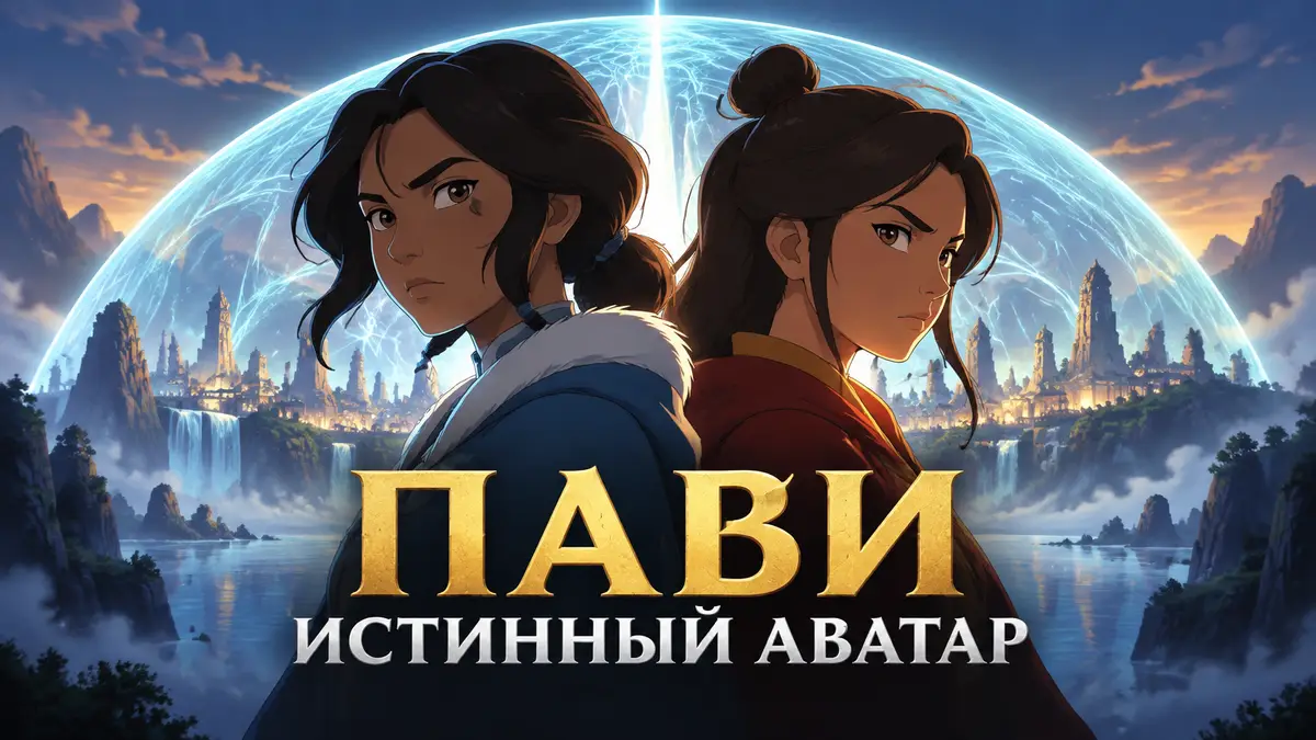 Близнецы Пави и Ниша из Avatar: Seven Havens стоят спиной к спине на фоне светящегося купола Аномалии