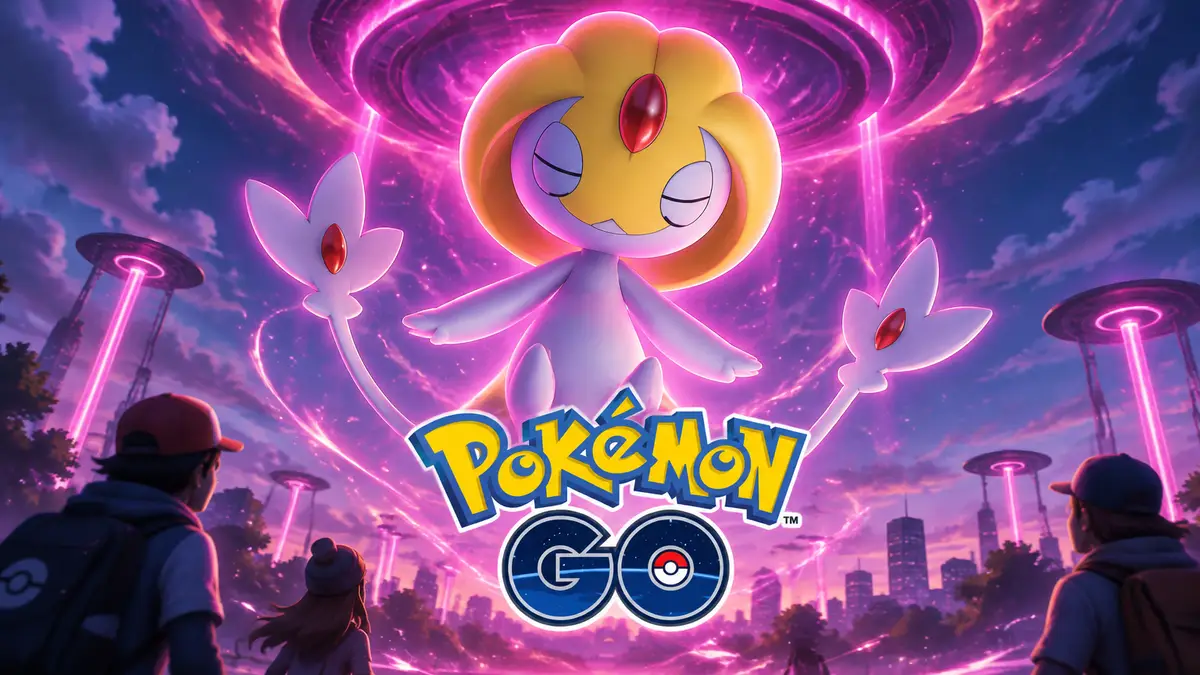 Dynamax Uxie из Pokémon Go — жёлто-серый покемон с закрытыми глазами и рубином на лбу в сиянии Power Spot