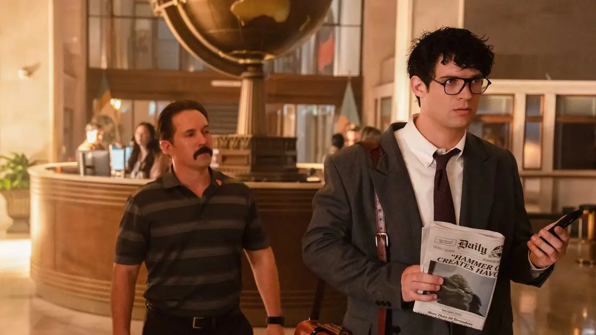 David Corenswet as Clark Kent in Superman with Beck Bennet as Steve Lombard