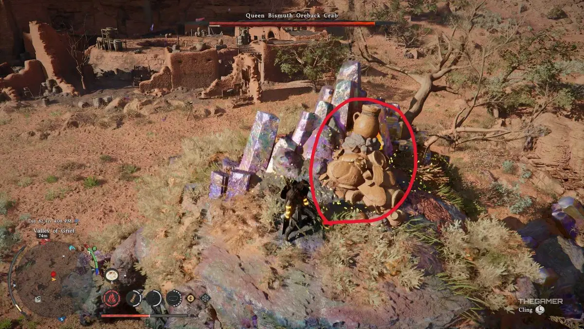 A player defeating the Queen Bismuth Oreback Crab boss in Crimson Desert.