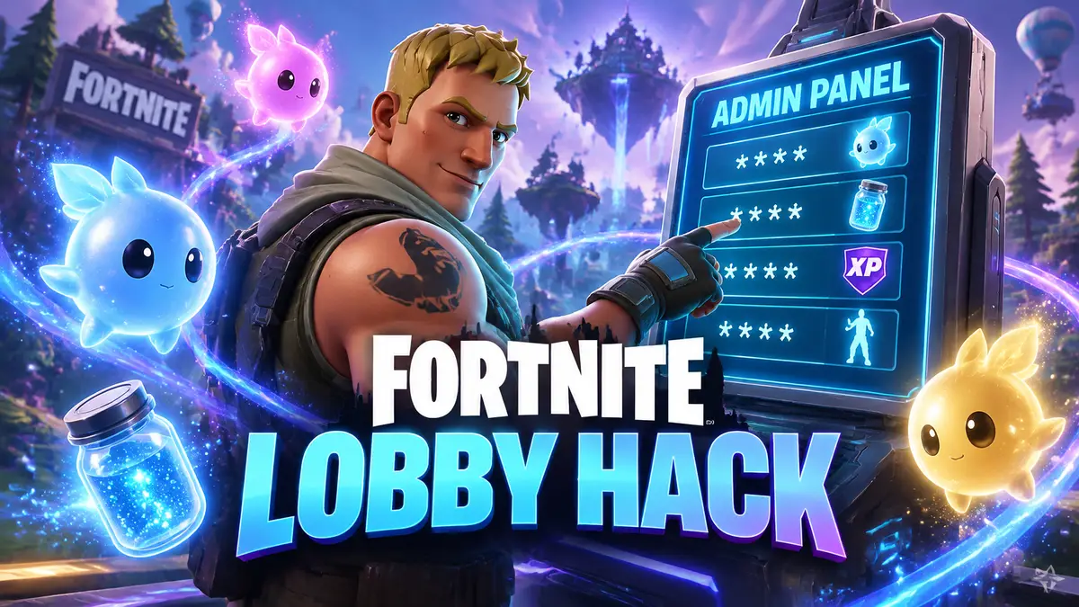 Джонси из Fortnite у светящейся панели Admin Panel с чит-кодами, вокруг парят Sprites и Sprite Dust