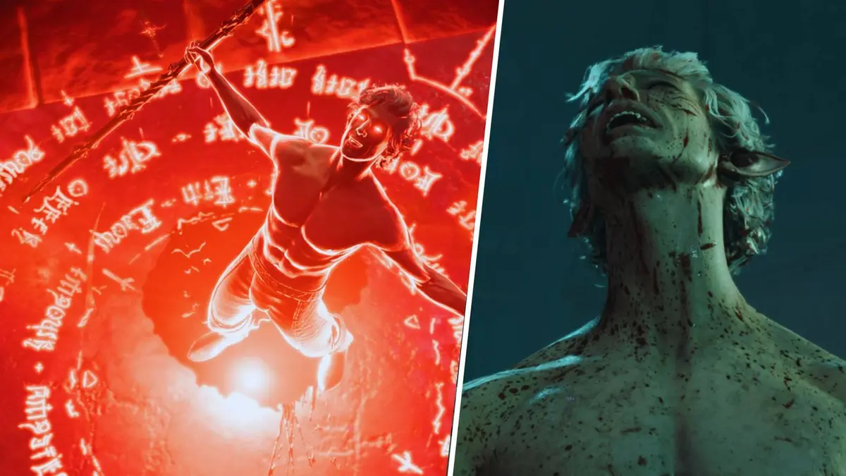 Baldur's Gate 3 - Split Image: Astarion during the rite of profane ascension / Astarion crying after killing Cazador