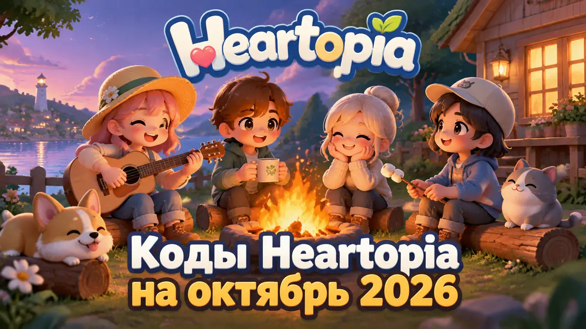 Персонажи Heartopia сидят у уютного костра возле домика, яркий мультяшный стиль и логотип игры