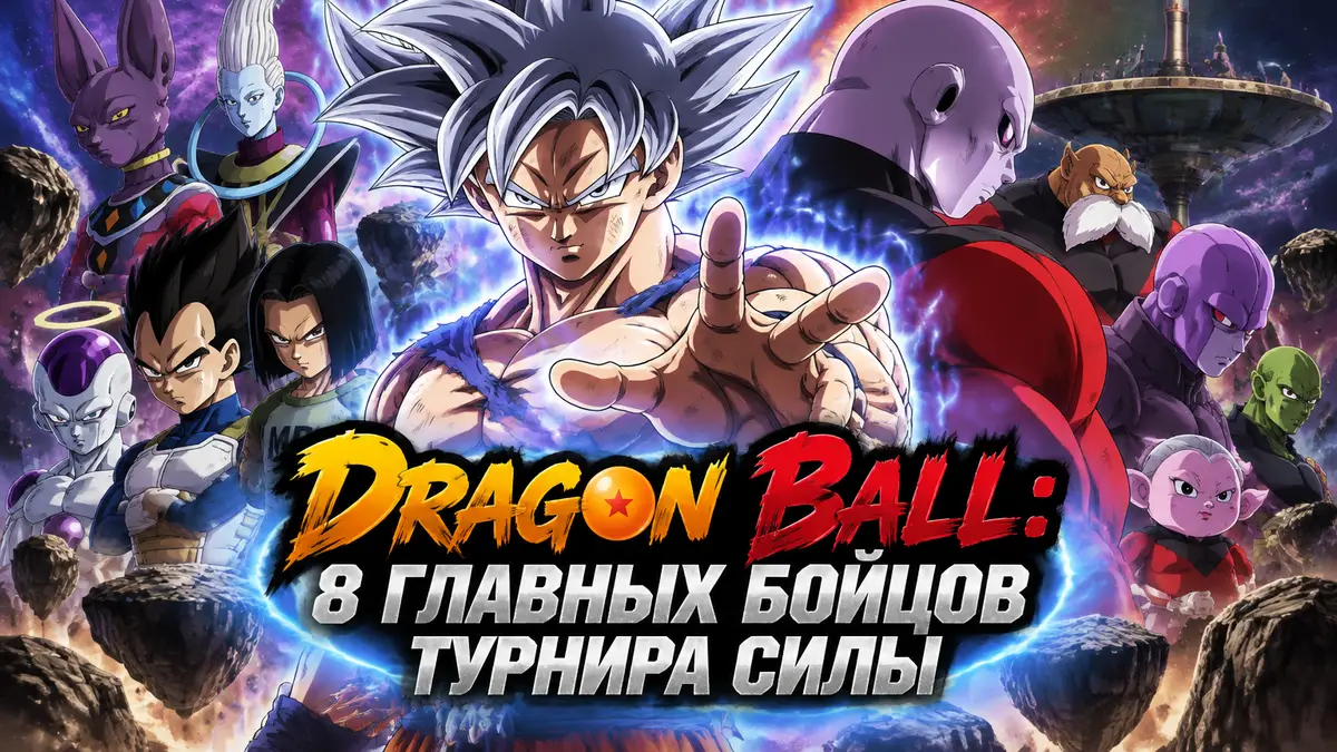 Гоку в форме Ultra Instinct с серебристыми волосами в центре, за ним Джирен и бойцы Турнира силы Dragon Ball