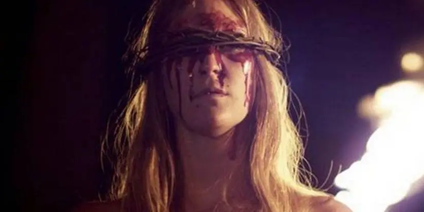 a ritual in Kill List, a woman wears a wicker blindfold and blood drips down her face