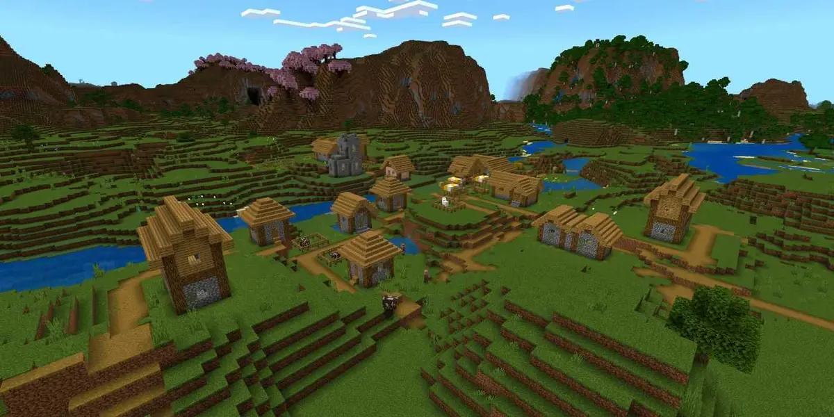 Minecraft Bedrock Edition Plains Village Near Hills With Cherry Blossom Trees.