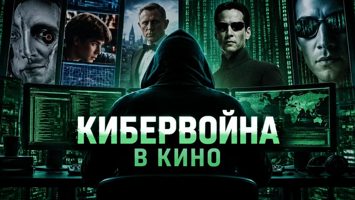 Силуэт хакера на фоне зелёного цифрового кода и мониторов, постер подборки фильмов о кибервойне