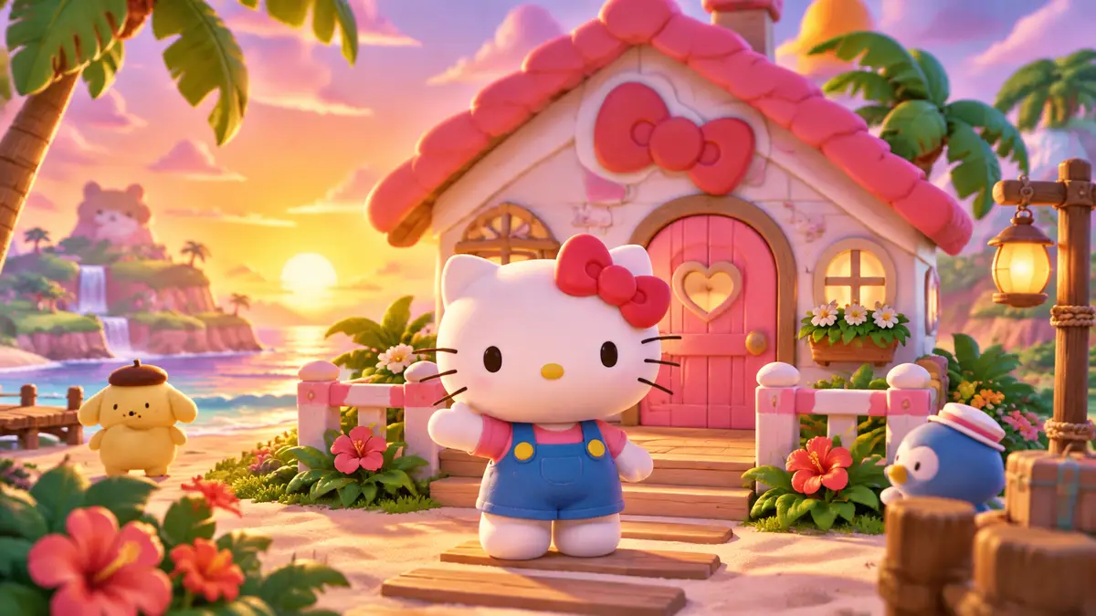Hello Kitty у нового уютного домика на пляже острова, яркий стиль Hello Kitty Island Adventure