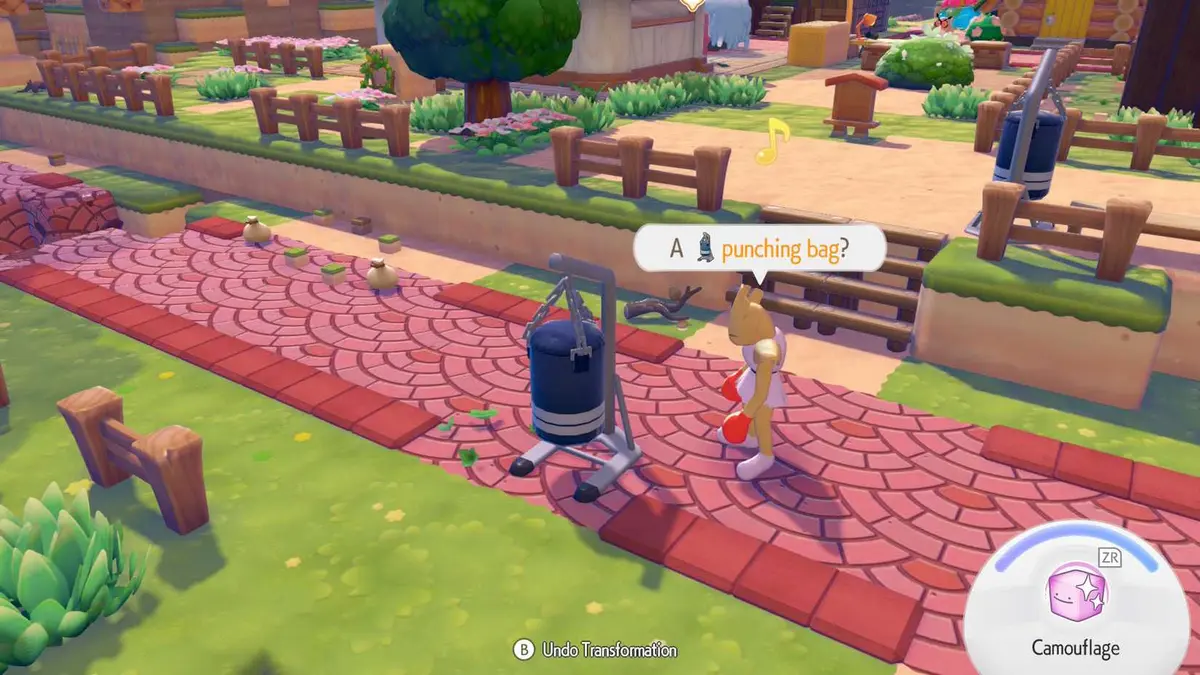 A Pokémon Pokopia screenshot showing a Hitmonchan staring at Ditto camouflaged as a punching bag