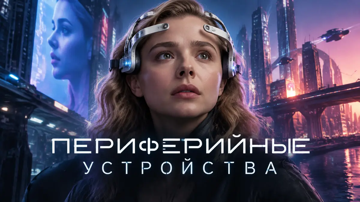 Хлоя Грейс Морец в футуристичной гарнитуре на фоне неонового города будущего, постер «Периферийные устройства»