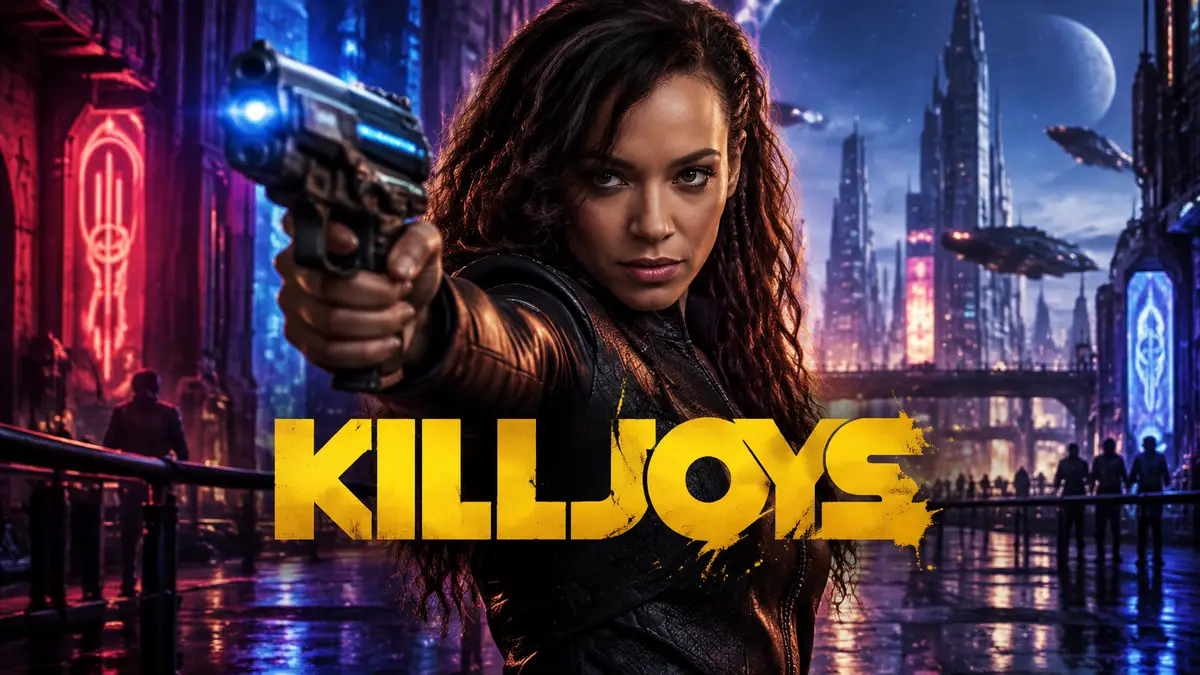Охотница за головами Датч из Killjoys с бластером на фоне неоновых улиц космического города в стиле нуар