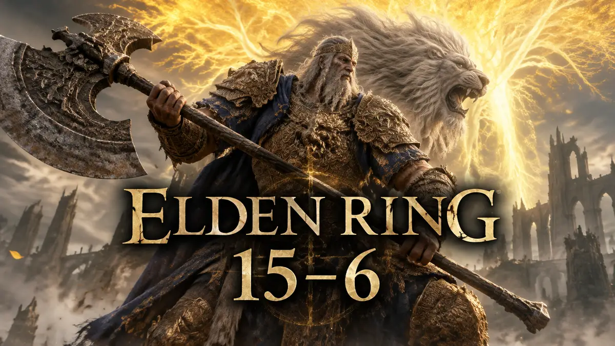 Godfrey, First Elden Lord с боевым топором и львом Serosh на спине на фоне золотого древа Elden Ring