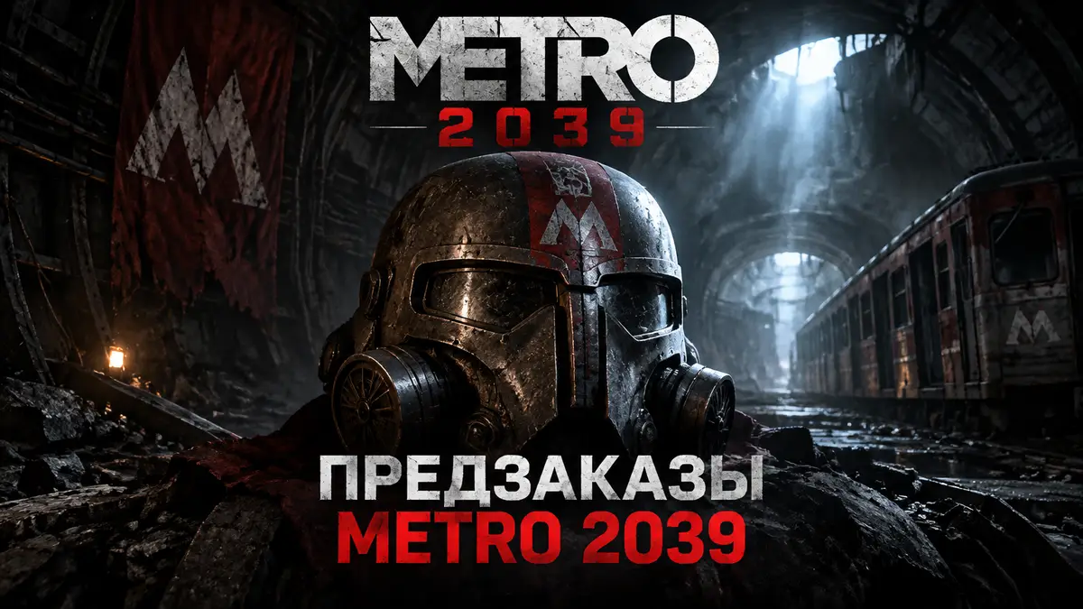 Шлем спартанца из Metro 2039 в центре на фоне мрачного метро и логотипа игры, постер предзаказа