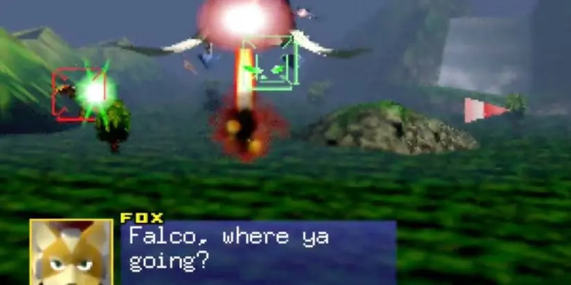 Star Fox 64 Gameplay with Falco flying away from group