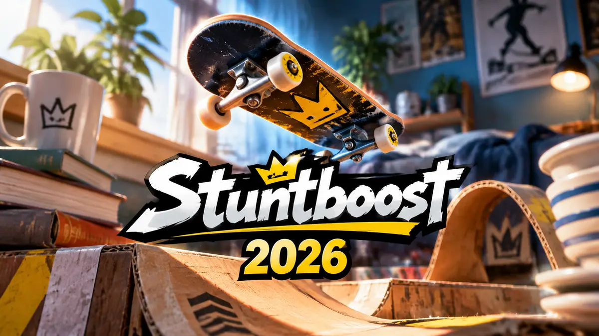 Игрушечный фингерборд Stuntboost в прыжке над картонной трассой среди книг и тарелок в комнате