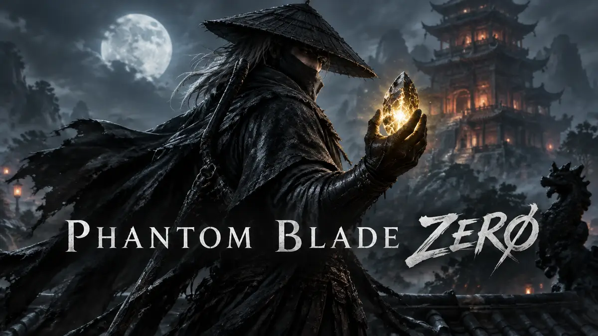 Таинственный Shadow Warden в тёмном плаще на крыше башни держит светящийся Primal Stone, Phantom Blade Zero