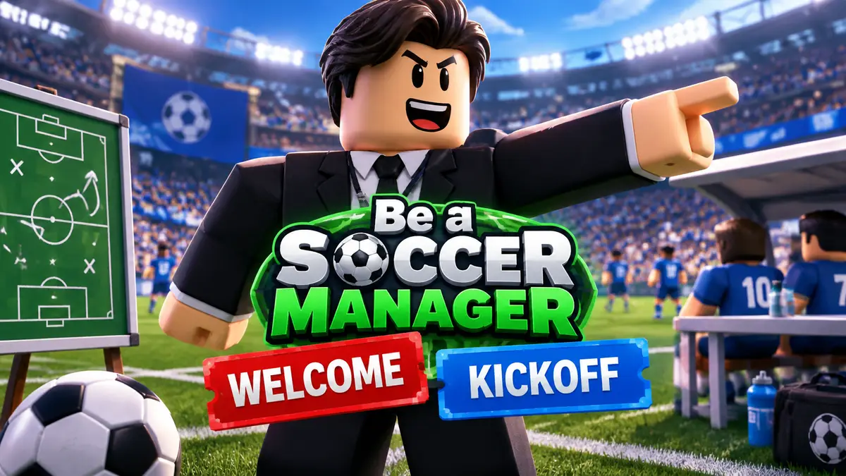 Футбольный менеджер в стиле Roblox у бровки на стадионе, ключевой арт Be a Soccer Manager с кодами