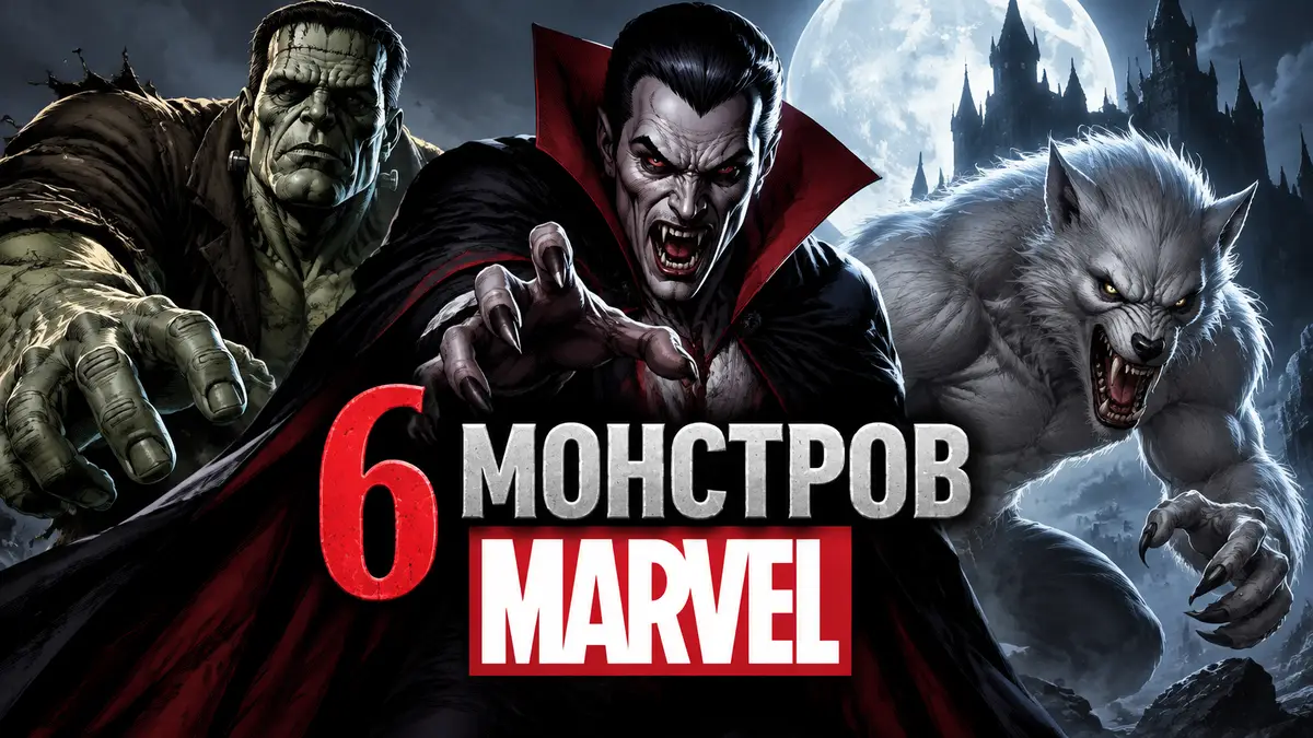Монстры Marvel: Дракула, Чудовище Франкенштейна и белый Человек-волк в мрачном стиле комиксов
