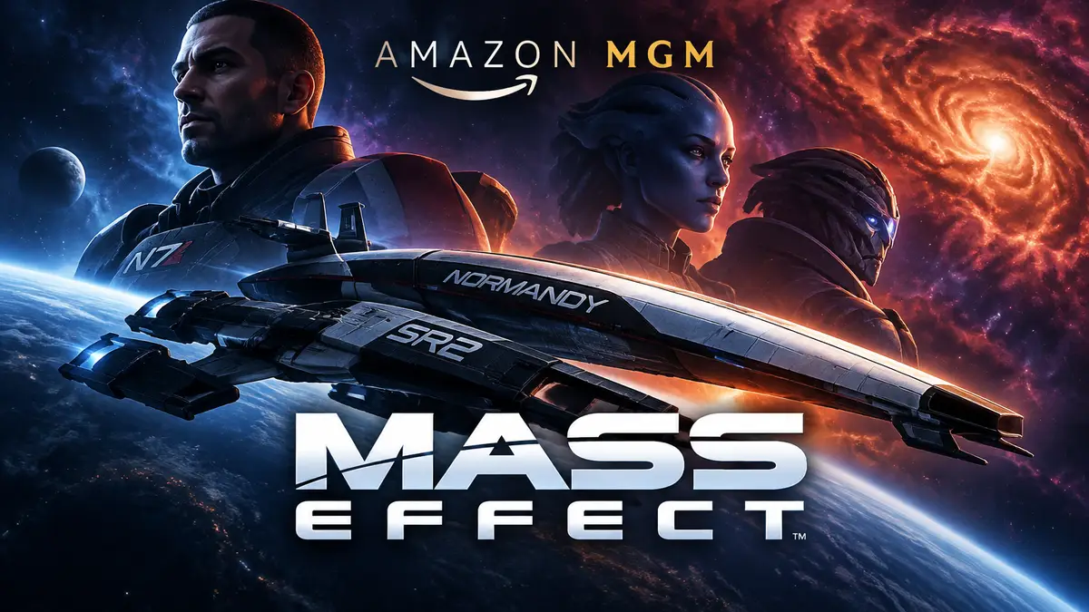 Нормандия в космосе на фоне туманности, логотип Mass Effect, постер сериала Amazon MGM по Mass Effect