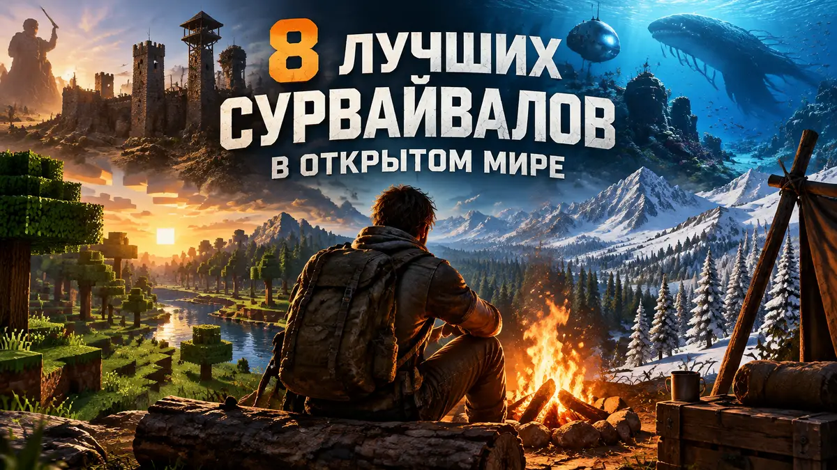 Выживший в открытом мире у костра среди блочного леса, подводных глубин и снежной тайги, постер сурвайвалов