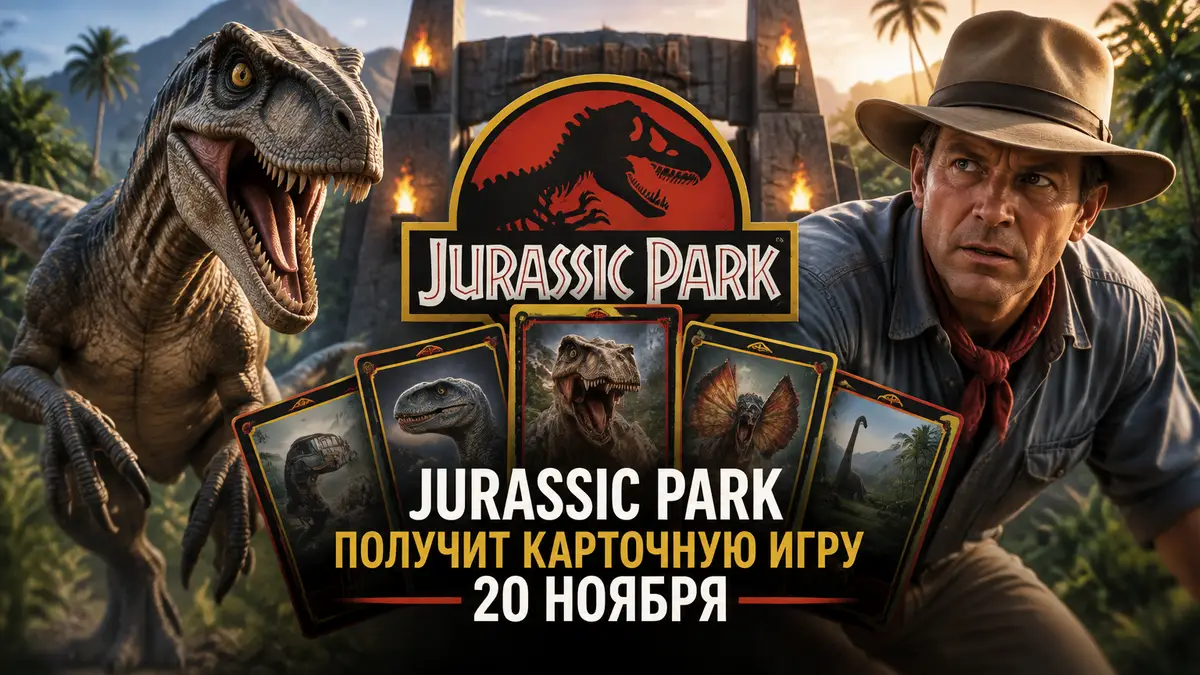 Велоцираптор и доктор Алан Грант на фоне ворот парка с логотипом Jurassic Park и веером игровых карт