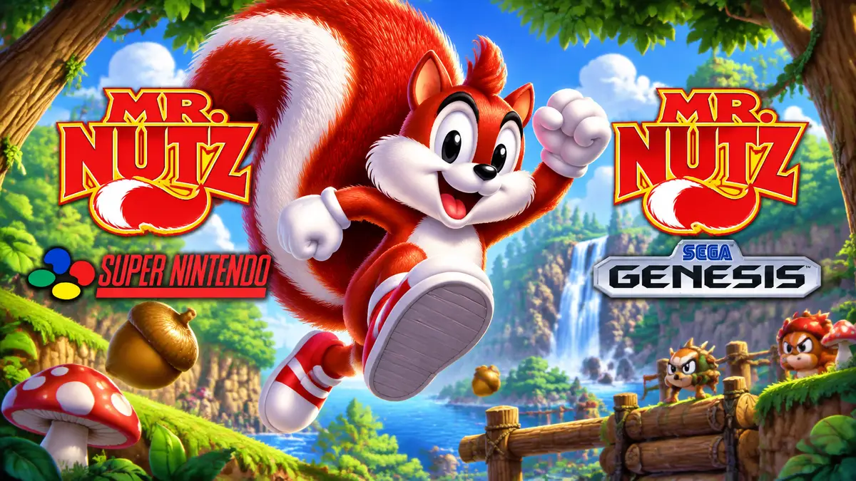 Белка Mr. Nutz в прыжке на фоне яркого мультяшного леса, логотип игры для SNES и Sega Genesis