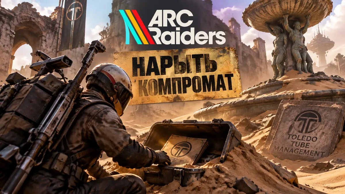 Рейдер ARC Raiders у засыпанного песком фонтана среди руин Buried City, ключ-арт квеста «Нарыть компромат»