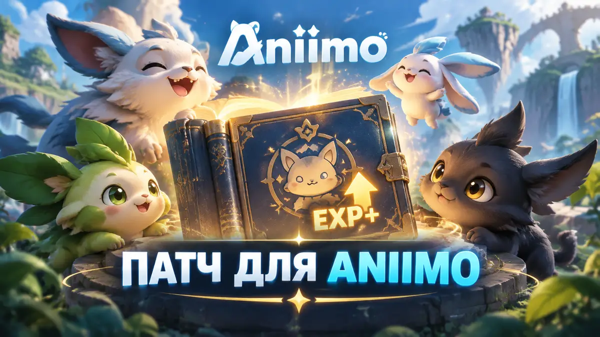 Милые существа Aniimo вокруг светящейся книги Companion Handbook с символом бонуса опыта и логотипом игры