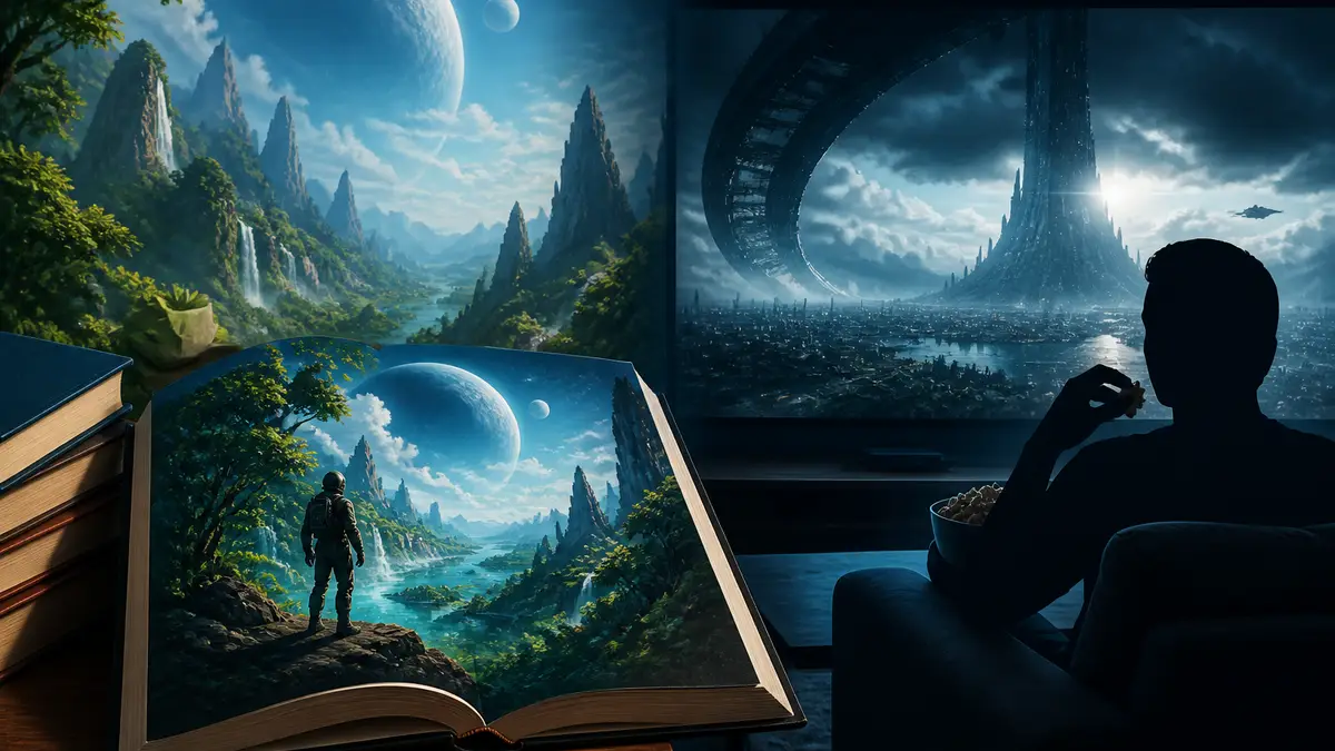 Книга научной фантастики и кадр из фильма