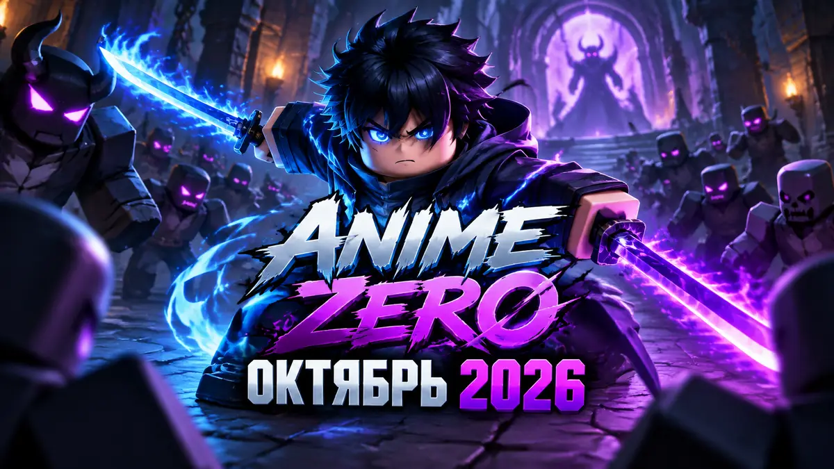 Аниме-герой Anime Zero с двумя светящимися клинками в мрачном данже Roblox среди волн врагов