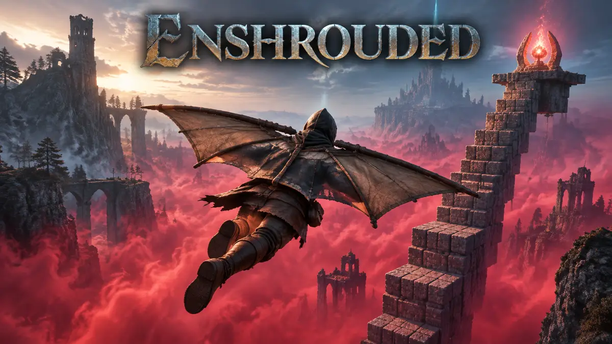 Герой Enshrouded парит на глайдере над красным туманом Deadly Shroud у высокой лестницы с Flame Altar