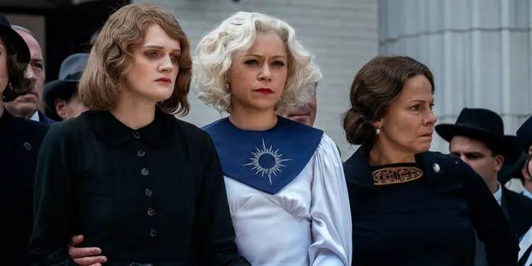 Emily, Sister Alice, and Birdy walking side-by-side in a scene from Season 1 of 'Perry Mason.'