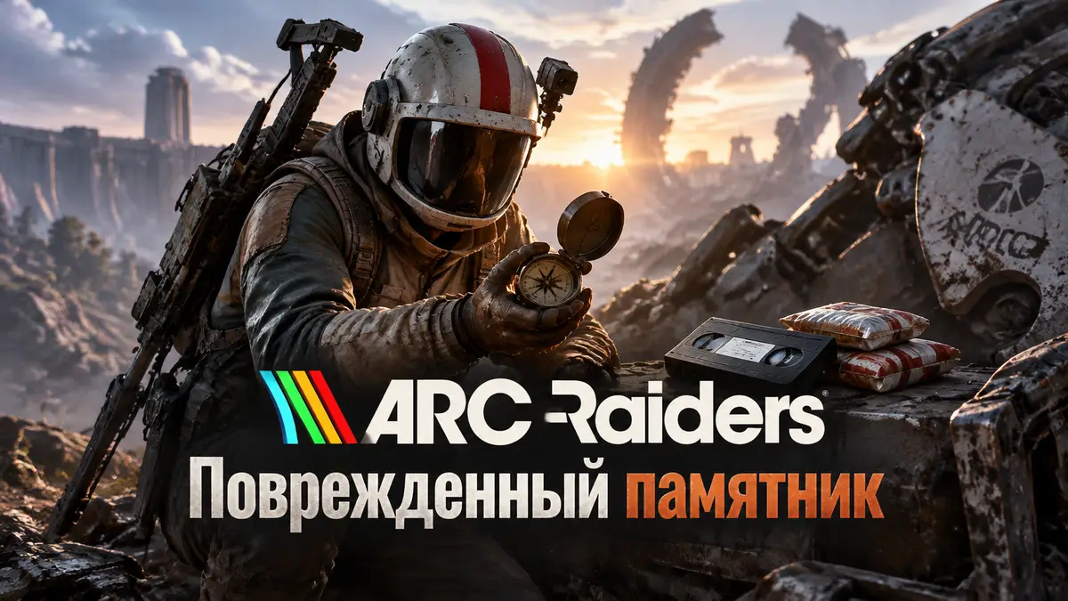 Рейдер ARC Raiders с компасом у обломков техники на старом поле боя — квест «Поврежденный памятник»