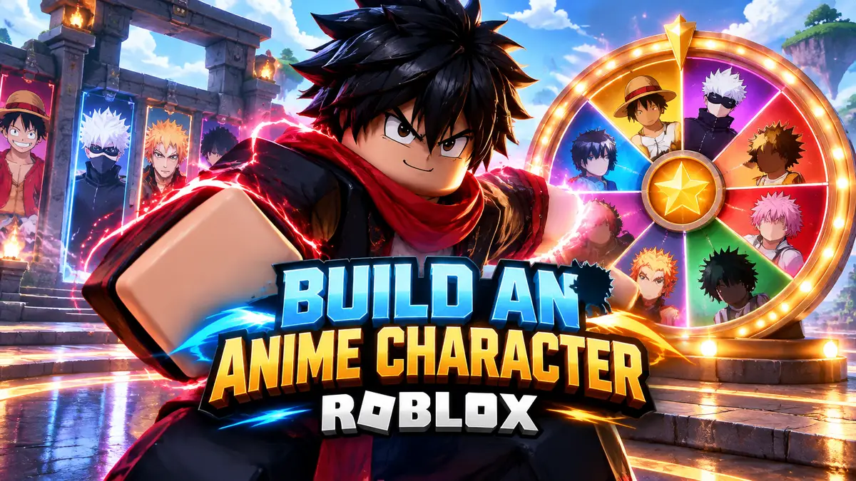 Аниме-боец в стиле Roblox у колеса призыва персонажей, постер Build An Anime Character