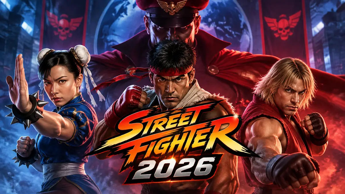Чун-Ли, Рю, Кен и М. Байсон в красном плаще на постере фильма Street Fighter 2026 с логотипом серии
