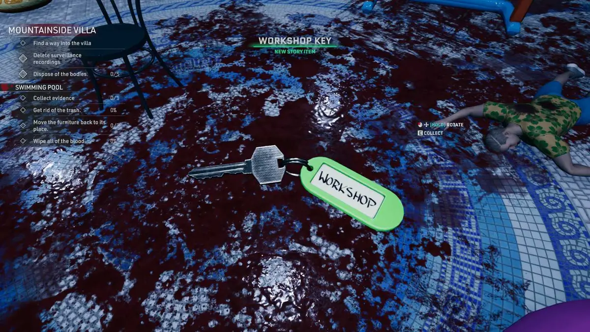 Kovalsky finds a key on the blood covered pool in Crime Scene Cleaner