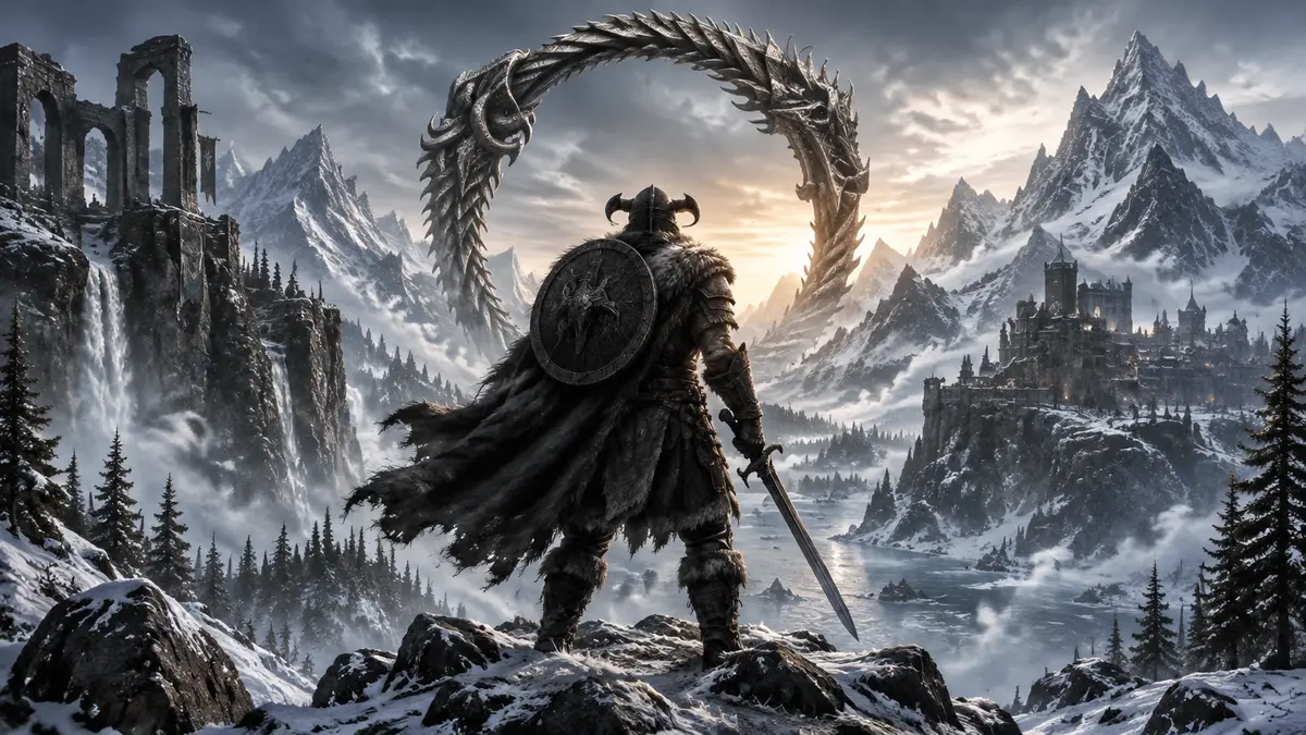 Воин в меховых доспехах на фоне заснеженных гор Скайрима и логотипа The Elder Scrolls Online