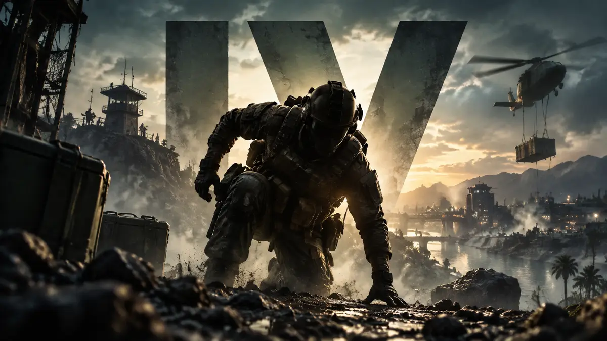 Оперативник Call of Duty: Modern Warfare 4 поднимается с земли в режиме DMZ на фоне логотипа игры