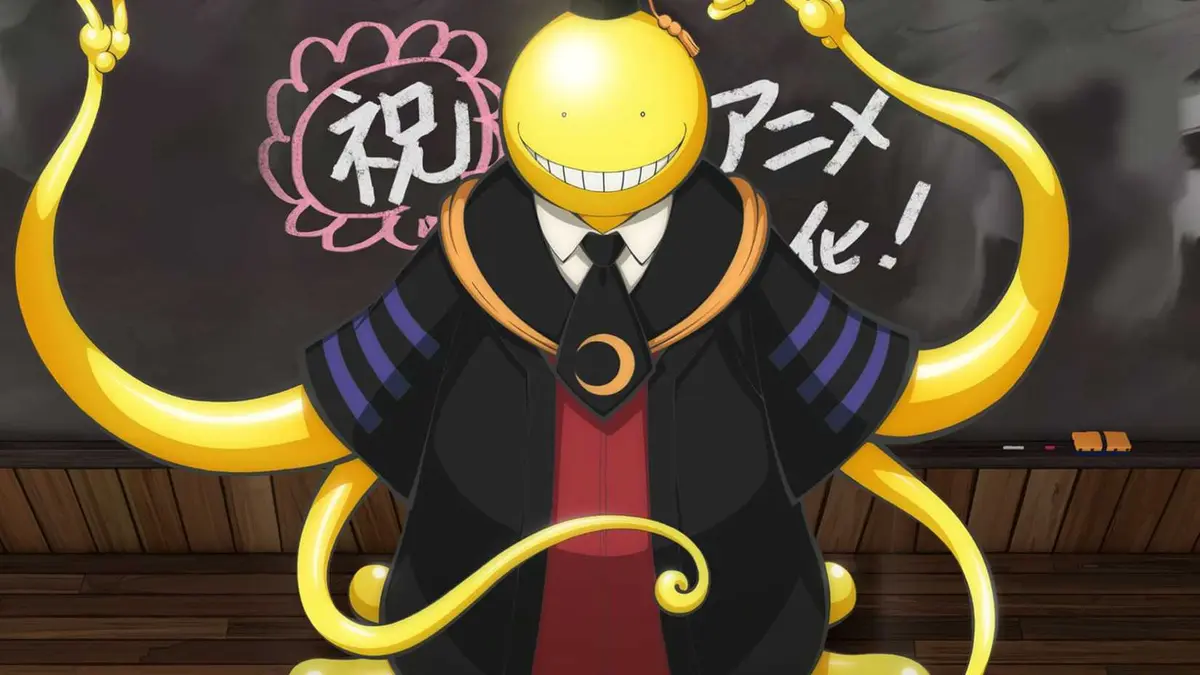 Koro-sensei draws on school board with octopus-like hands in Assassination Classroom