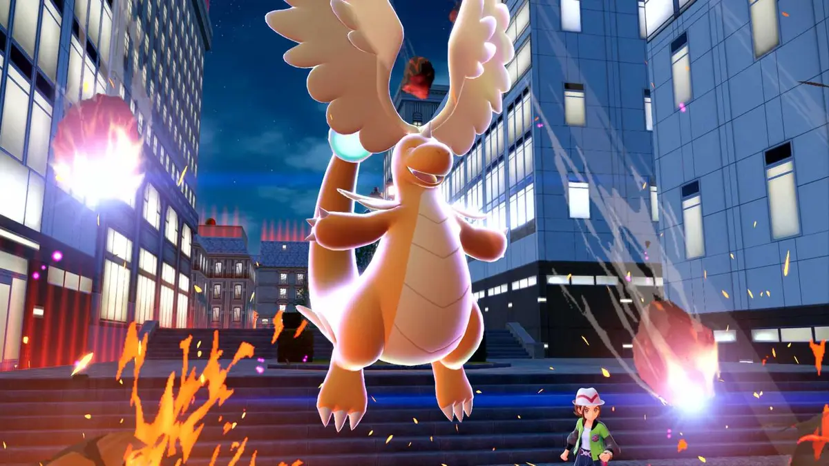 Mega Dragonite uses Draco Meteor in Lumiose City in Pokemon Legends: Z-A.