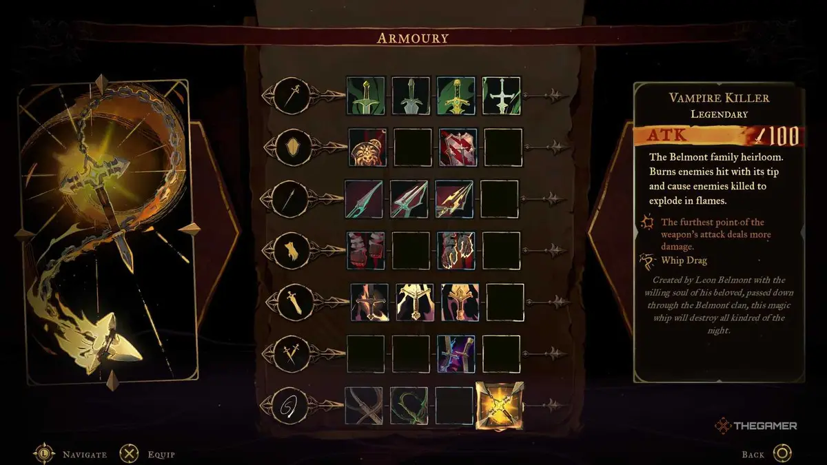The inventory screen for the Vampire Killer in Castlevania: Belmont's Curse.