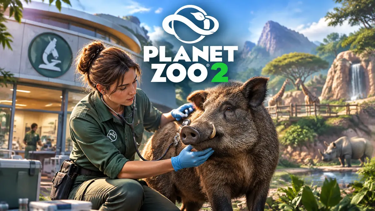 Ветеринар в зоопарке Planet Zoo 2 изучает кабана у исследовательского центра на фоне вольеров