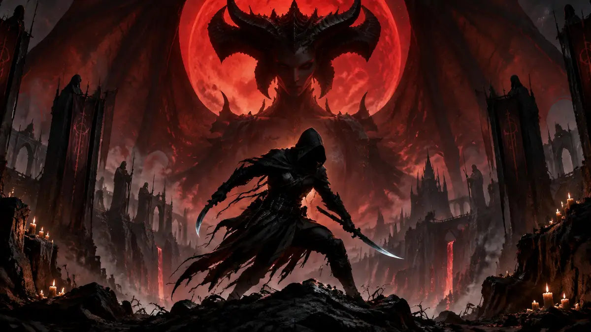 Гайд по Диабло 4 для новичков: Rogue с клинками на фоне Лилит в мрачном готическом стиле Diablo 4