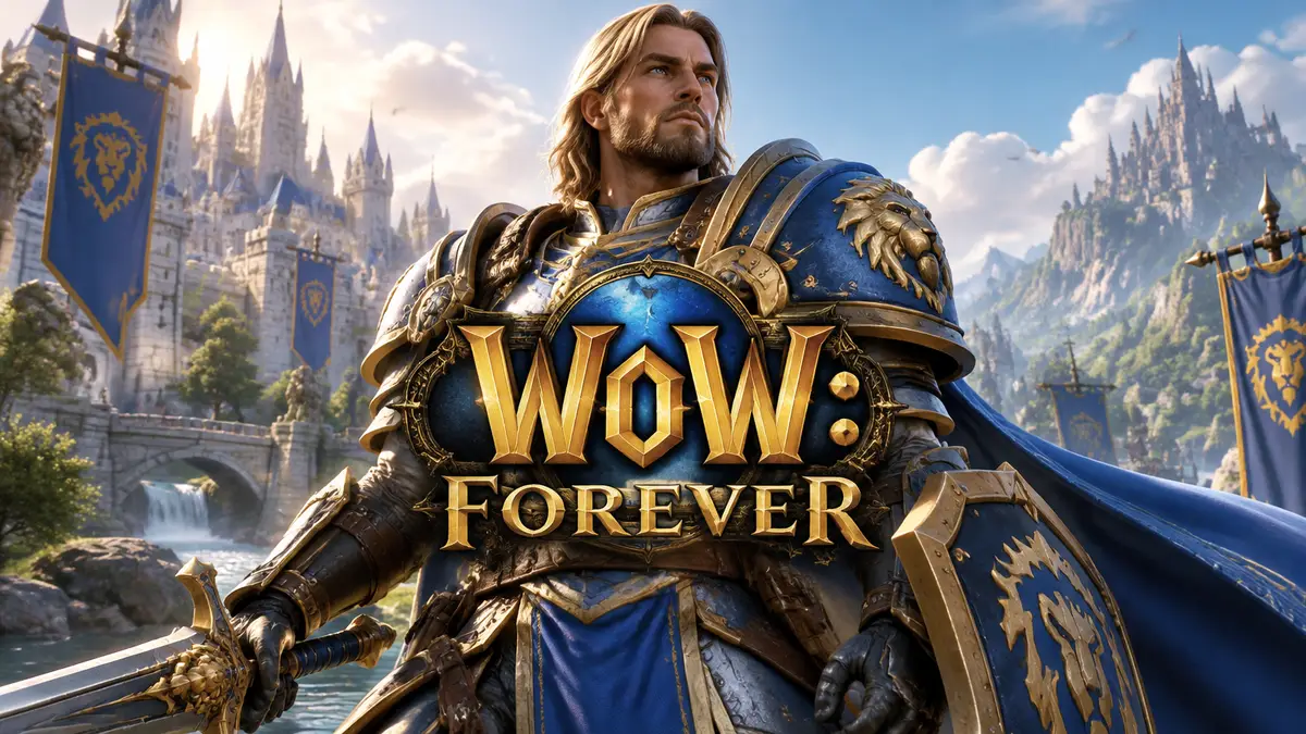Герой Альянса в доспехах на фоне фэнтезийного пейзажа World of Warcraft на PC