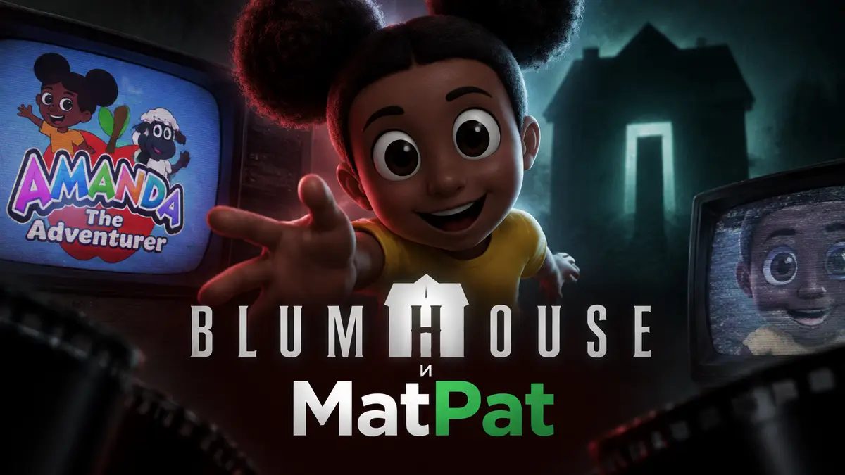 Персонаж Аманда из хоррора Amanda The Adventurer в стилистике киноафиши Blumhouse